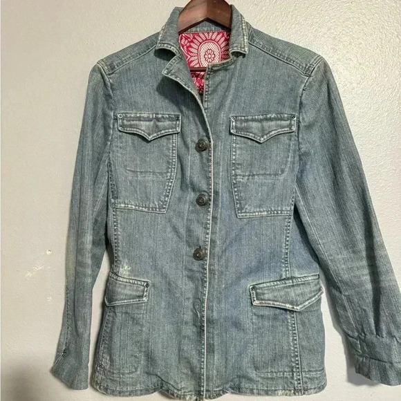 ELIE TAHARI BLUE JEAN BUTTON FRONT DISTRESSED JACKET...woman’s Large - Picture 1 of 11